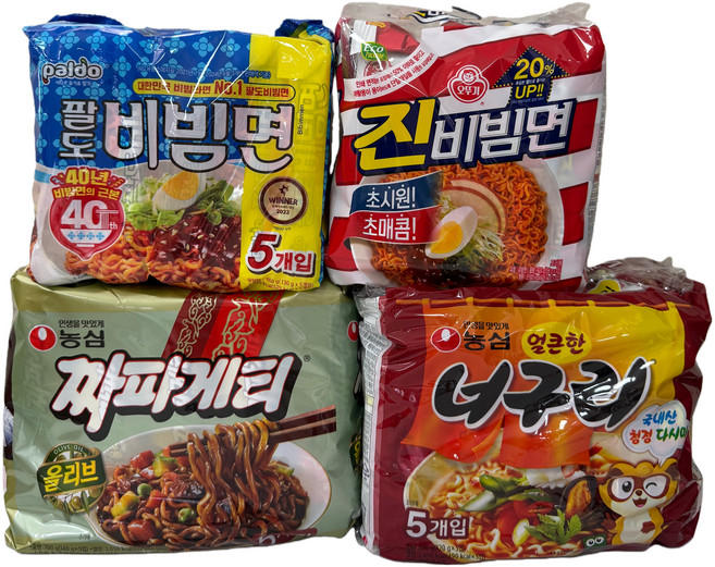 (장우)봉지라면! 농심 짜파게티5입+농심 얼큰너구리5입+팔도비빔면5입+오뚜기 진비빔면4입, 19개