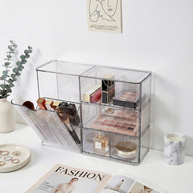 [YOUNG] 슬림형 먼지방지 화장품 정리함 브러쉬 꽂이 3단 서랍 수납함 메이크업 화장품정리대, 투명클리어, 1개