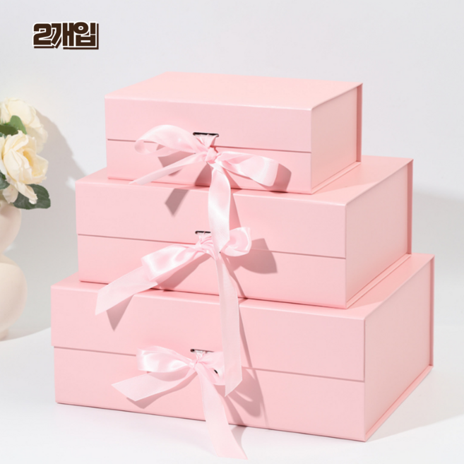 홈앤힐링 고급 선물상자 접이식 리본 싸바리 상자, 2개, 클레이 핑크