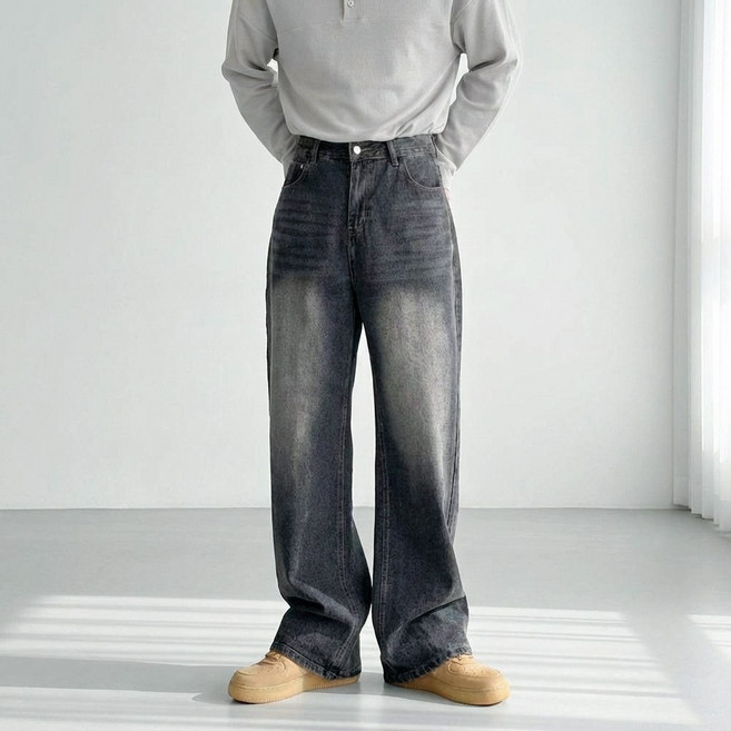 코튼 S~4XL 빅사이즈 워싱 스트레이트핏 롱 와이드 일자 데님 팬츠 청바지