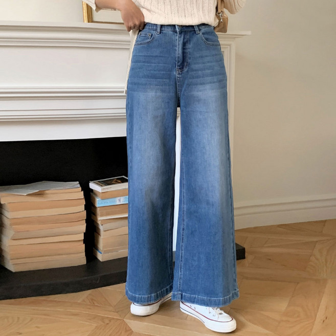 루나진 여성용 와이드 청바지 스판 워싱 데님 통팬츠