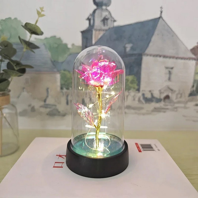 인공 장미 꽃 여자 친구를위한 발렌타인 데이 선물 영원한 LED 라이트 호일 웨딩 장식 크리스마스, 1)Pink Warm light, 1개
