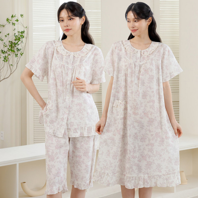 여성 잠옷 상하세트 원피스 홈웨어 M5375 M이슬(핑크 반팔)