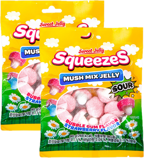 에이스엠앤티 스퀴즈 머쉬 믹스 젤리 사우어 버블검향 앤 딸기향, 80g, 2개
