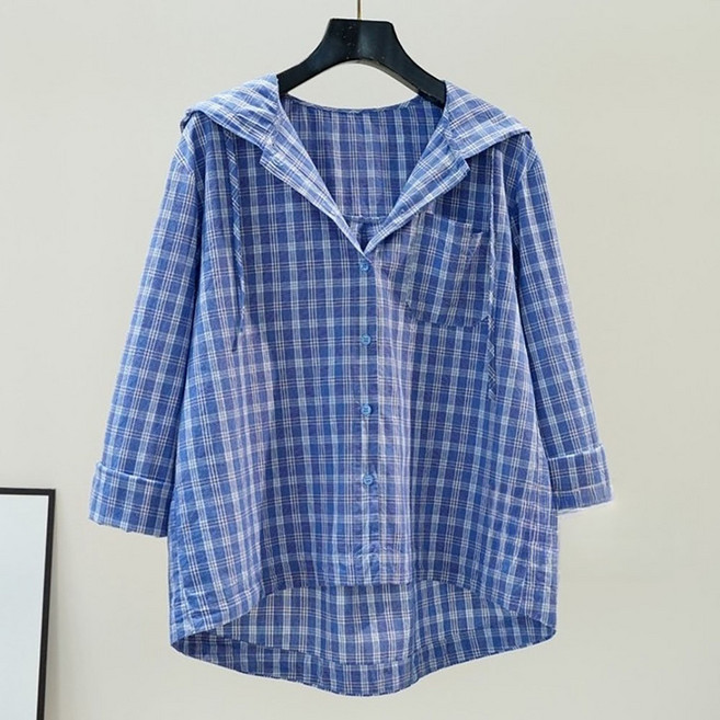 ROYALBELLE 여성 체크 후드 포켓 셔츠 루즈핏 캐주얼 자외선 차단 긴팔 셔츠 E01031211
