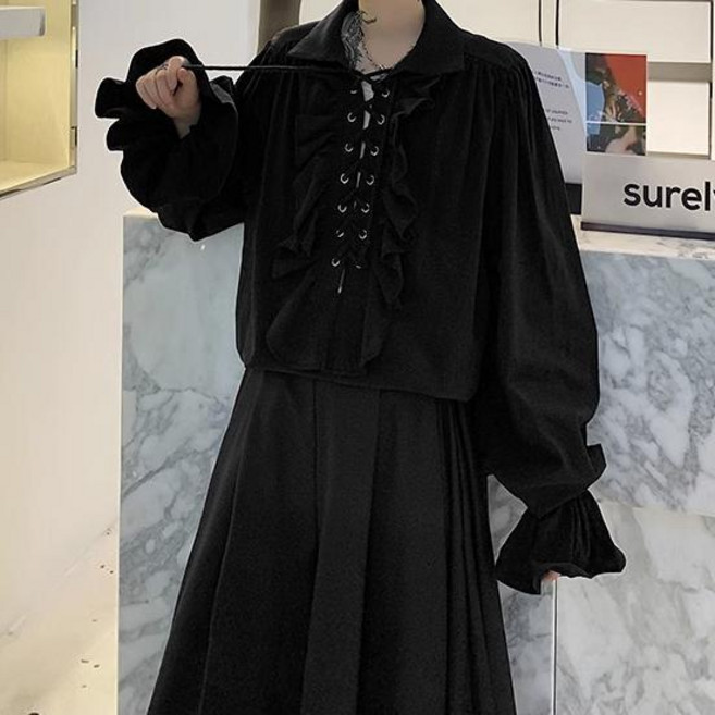 暗黑中世紀宮廷風蓬蓬袖上衣歐美復古舞臺話劇表演服綁帶襯衫男 副廠商品