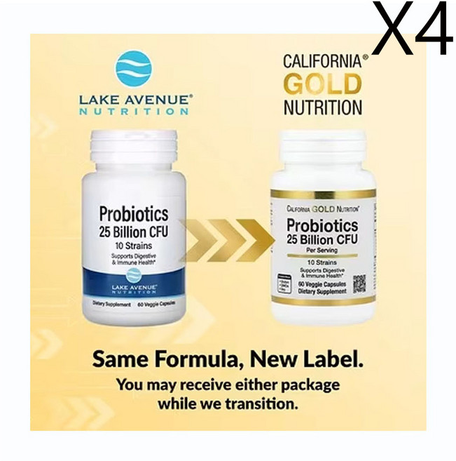 캘리포니아 골드 뉴트리션 프로바이오틱스 10균주 혼합 250억 CFU 식물성 캡슐 60 정, 4개, 60정