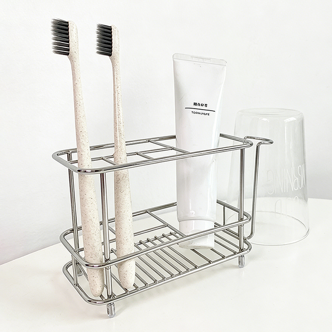 콜콜러브 스텐 칫솔 거치대 무타공 칫솔걸이 거꾸로 양치컵 치약 거치대 욕실선반, 1개, 실버