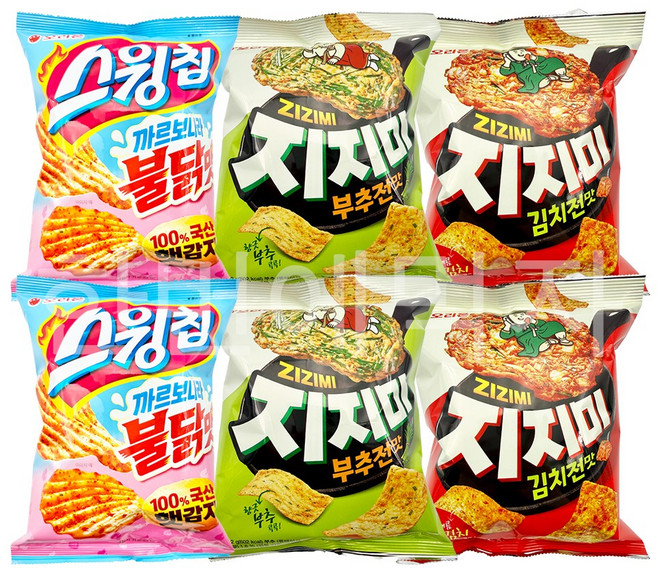 [한번에먹자] 신상과자 3종류 혼합 / 지지미 (부추전맛 + 김치전맛) + 스윙칩 까르보나라불닭맛 / 각2개씩 총6봉지
