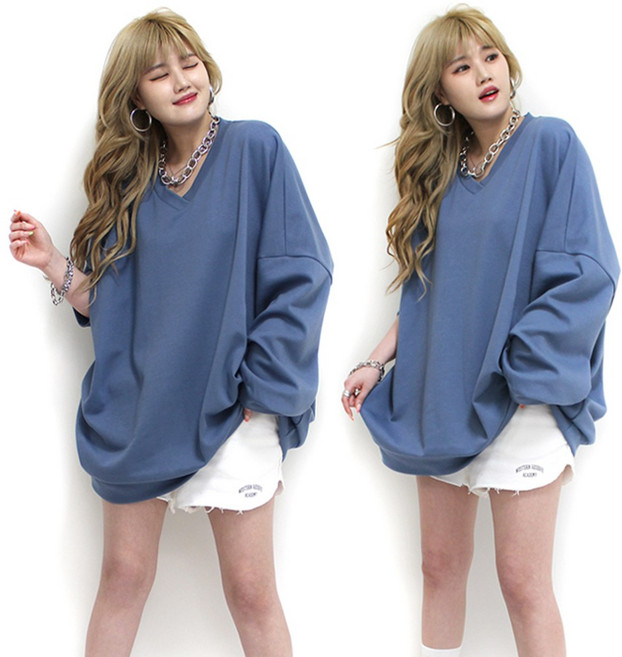 러브포텐 여성 빅사이즈 브이넥 맨투맨 66~99사이즈 무지 브이 긴팔티 4XL 큰옷