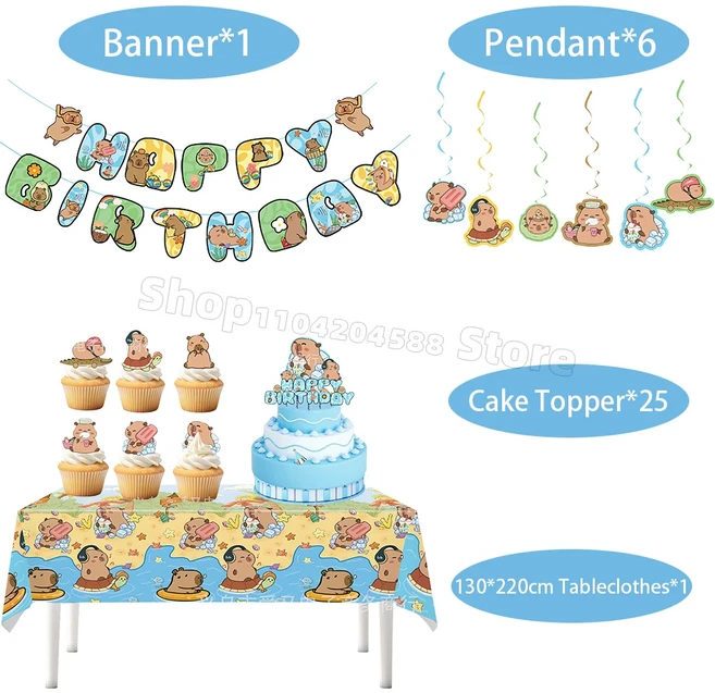 10인용 카피바라 생일 장식 세트 파티 (식기 배경 케이크 토퍼 접시 포함), 01 As Show, 06 33pcs-A
