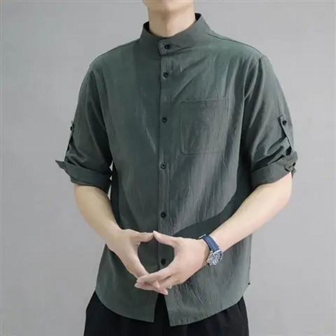 亞麻襯衫男短袖襯衣男士立領棉麻七分袖韓版很仙的痞帥潮流dk上衣