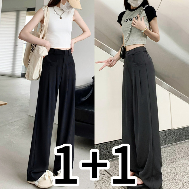 BIKASU 여성 하이웨 와이드팬츠 편한 빅사이즈 오피스룩 슬랙스 캐주얼 양복 바지 1+1