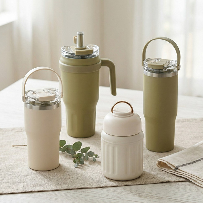 스텐304 손잡이텀블러 4종 (8시간보온보냉 죽통 빨대겸용 나들이용품 한강 도시락통 수능보온병 푸드자), 1개, 600ml, 밀크크리미