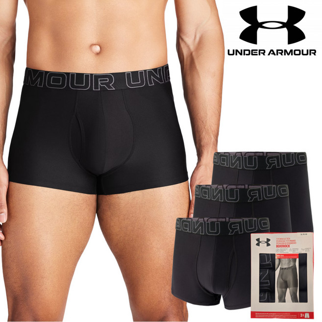 언더아머 남성 팬티 UA 퍼포먼스 Tech 3인치 Boxerjock 3장구성 블랙 동일색상 신축성 좋은 속옷 사방향 스판 냄새 억제 1387418-001