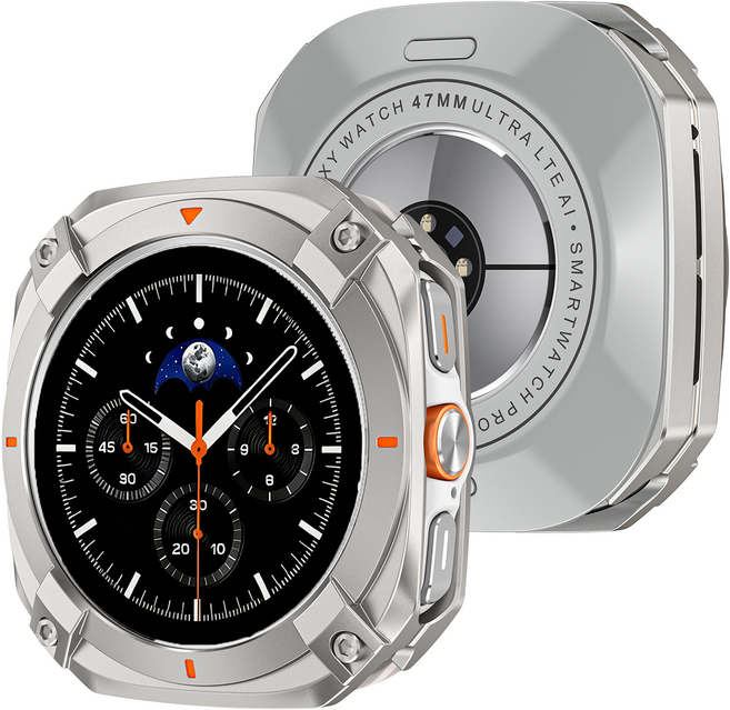 FALANDO 갤럭시워치8 울트라 2025 호환 아연 합금 풀커버 보호 케이스 전면 후면 측면 베젤스킨 47mm, 티타늄 오렌지