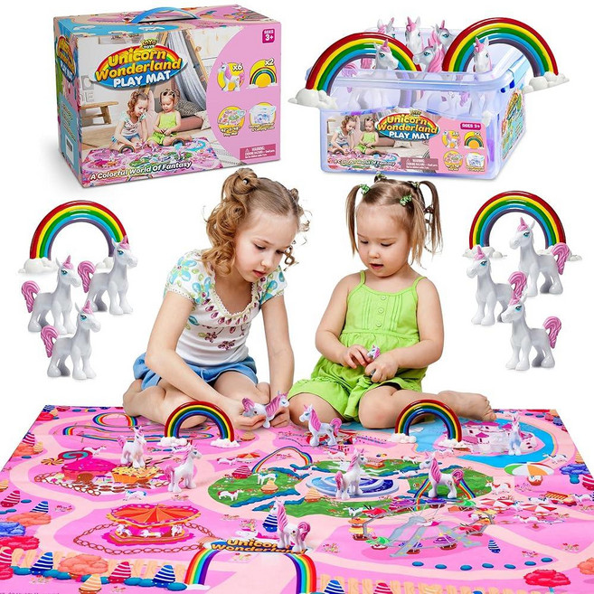 YoYa Toys 유니콘 놀이 매트 - 아동용 역할 세트 유니콘과 무지개 피규어 8개 교육적인 상상력 넘치는 활동 러그 장난감 바닥 만 3 4 5 6 7 8세 여아용 선물 28, YoYa Toys 유니콘 놀이 매트 - 아동용 역할 세