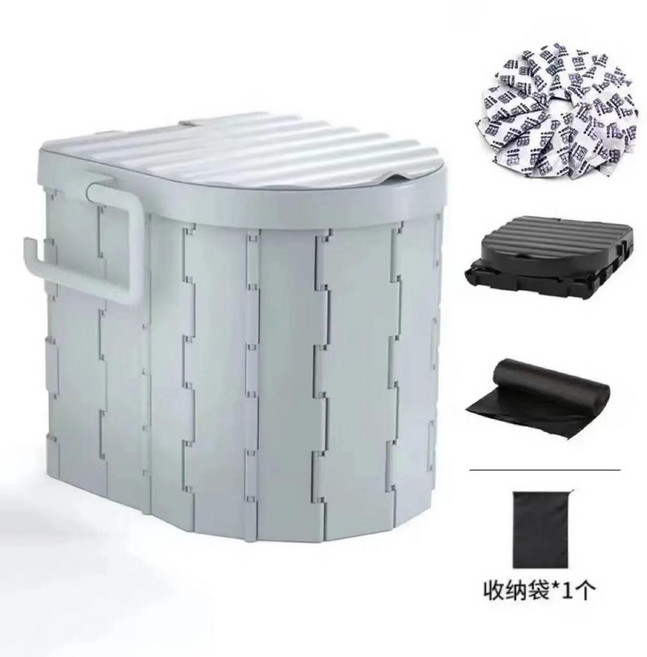 good 馬桶摺疊式坐便器旅遊廁所便攜式露營廁所自駕遊移動馬桶, 1個, 灰白色 固化劑12包+一卷垃圾袋+收納袋