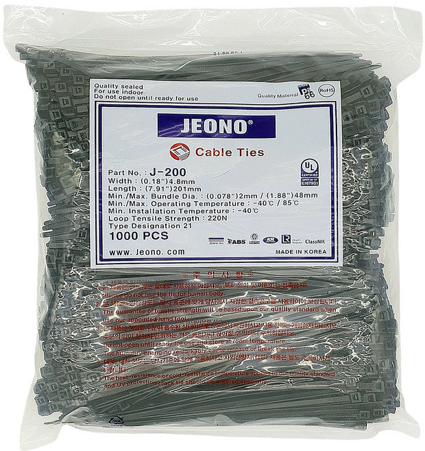 전오 케이블타이 200mm 1000개 국산 내열 내한 전선정리 산업용 J-200 4.8x200mm, 흑색