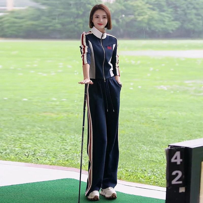 렛츠고 파크골프 기모 골프웨어 트레이닝 슬림루즈핏 트레이닝라인 여성 긴팔 자켓 와이드 팬츠 투피스 세트 가을 겨울(S~2XL)