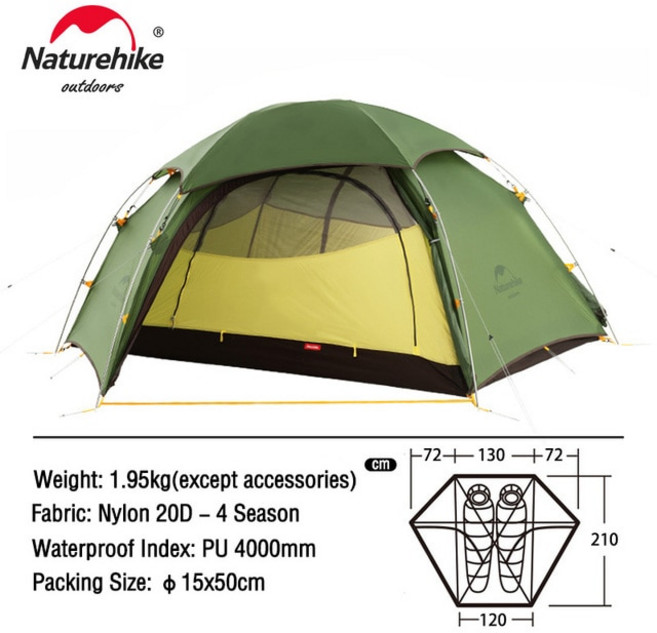 Naturehike 클라우드 피크 2 인용 텐트 초경량 캠핑 하이킹 야외 텐트 20D 나일론 방수 패브릭 NH17K240Y, 1.2P - 20D - U Type
