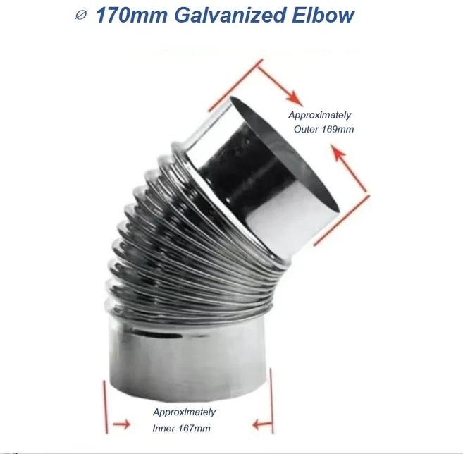 90 ° 주방/공장/스토브/가스/펌프용 ∅100-200mm 연기 파이프 스레드 팔꿈치 아연 도금 철 시트 커넥터 배, 04 170mm