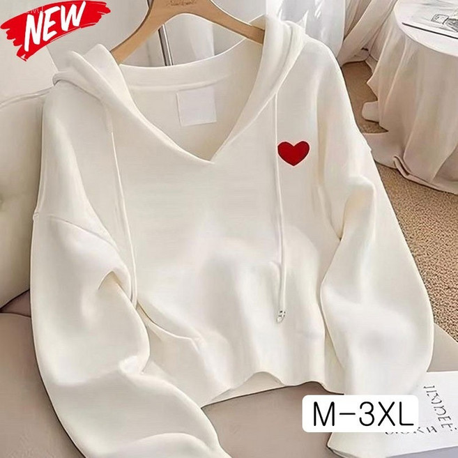 YLEMI 봄 가을 캐주얼 브이넥 긴팔 후드티 여성 루즈핏 자수 후드 맨투맨