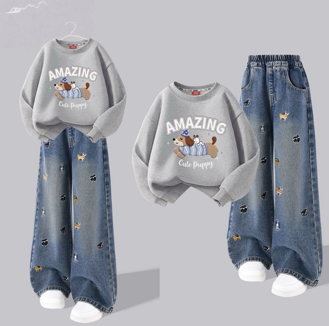 주니어 여아용 트레이닝 세트 루즈핏 프린트 맨투맨+와이드 데님 팬츠 초등학생 투피스