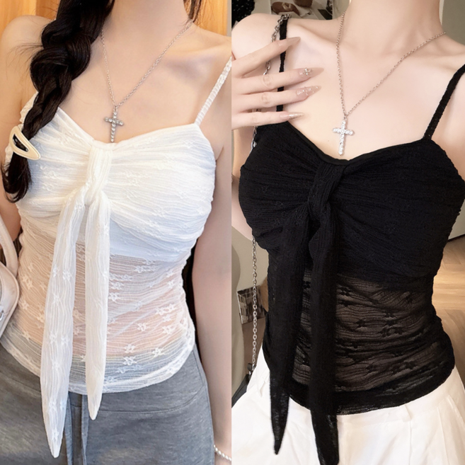 홍언목요 여성 나시 여름 섹시 레이스 리본 끈나시 트렌디 브이넥 캡나시 민소매 티 2종 세트