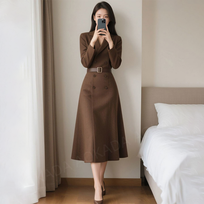 AOKADA 여성 봄 가을 슬림핏 허리 벨트 플레어 A라인 정장 원피스 오피스룩