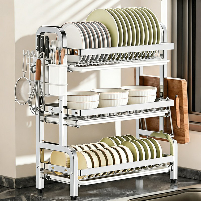 올스텐 304 식기건조대 자동물빠짐 특대형 그릇 정리대, 1개, 은색, 3단