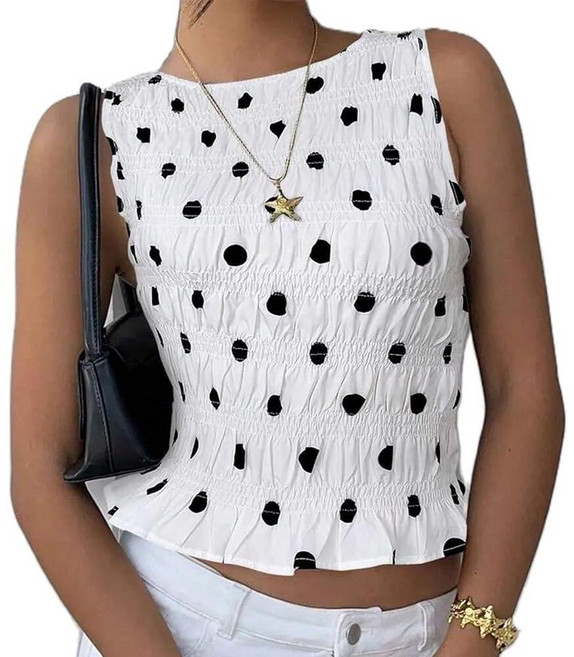 Women Shirred Sleeveless Tops Y2K Polka Dot Smocked Ruffle Tank Tops Plaid Boat Neck Ruched Shirt, White