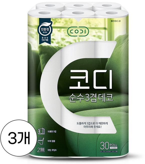 코디 순수 3겹데코 화장지, 30m, 30롤, 3개