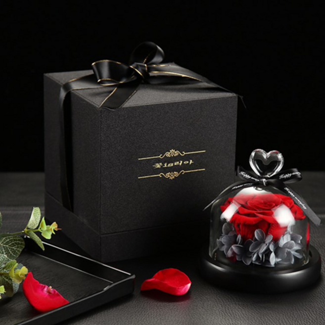 프리저브드 플라워 장미 led 하트 유리돔 여자친구 부모님 지인 이벤트선물, 필요없음, 필요없음, 불루