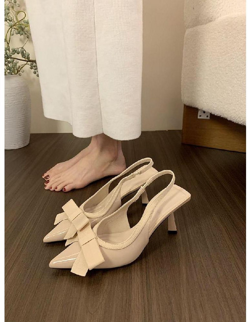 우아한 리본 슬링백 샌들 뾰족코 스틸레토 하이힐 에나멜 데이트룩 결혼식 하객 신발 220