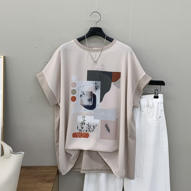 [행복여] 드로잉 배색 가오리핏 반팔 티셔츠