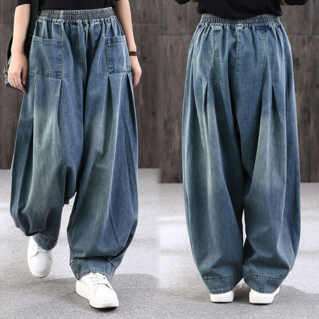 Asure 여성 데님 배기팬츠 캐주얼 밴딩 와이드청바지