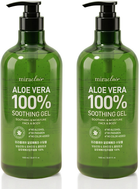미라클레어 대용량 알로에베라 순도100% 무알콜 수딩젤 수분가득, 2개, 1L
