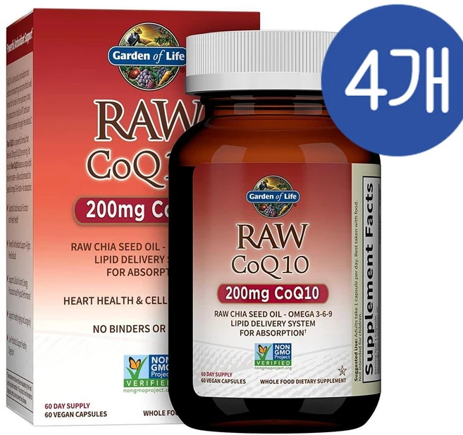 가든오브라이프 로우 코큐텐 200mg 치아씨드오일 캡슐 Garden of Life Raw CoQ10, 4개, 60정 - 쿠팡