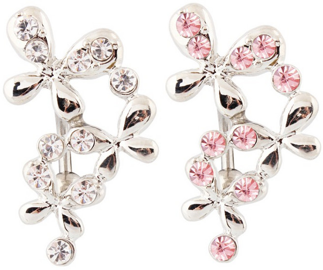 蝴蝶花朵水鑽倒戴肚臍環 合金粗針臍環, 1個, 現貨-粉色