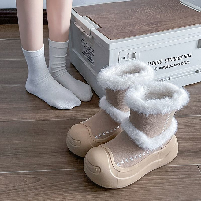 奶藍皮毛一體保暖雪地靴女 秋冬新款 厚底加絨防滑棉靴