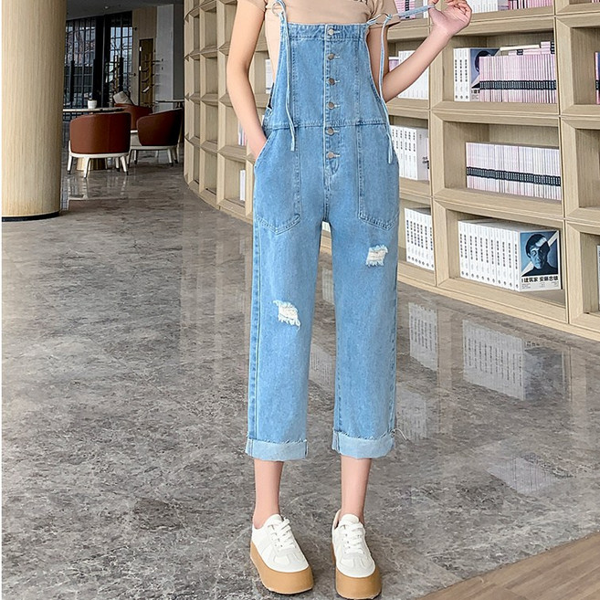 여성바지 멜빵바지 여름 데님 서스펜더 팬츠 디스트로이드 와이드레그 캐주얼 데일리 크롭 롱팬츠 ZBW26033006 50