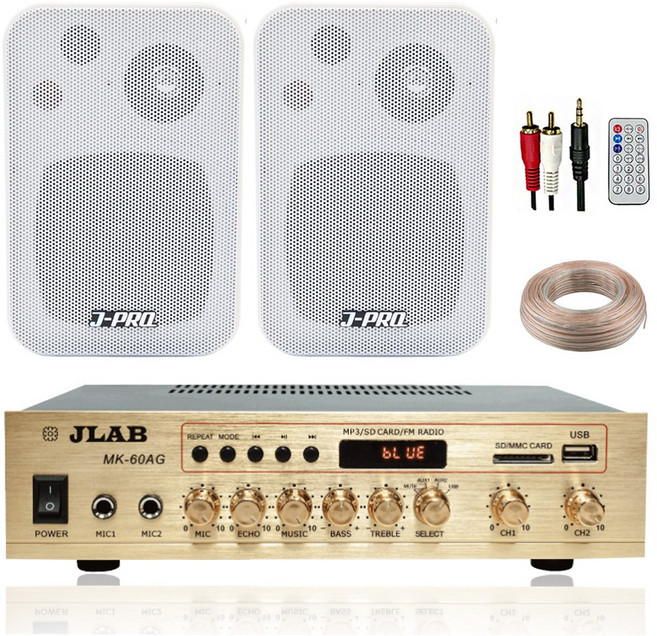 JLAB 블루투스 매장용 카페 매장 업소용 벽걸이 미니 앰프 스피커 2개+리모콘+PC선 1.5M+스피커케이블 20M, 화이트