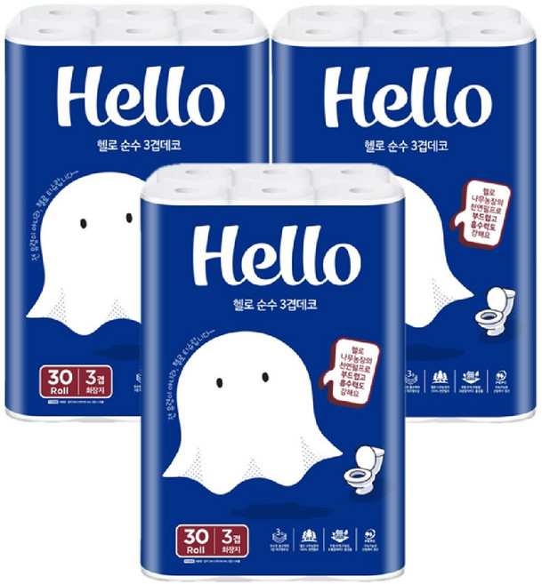헬로 순수 3겹 데코 화장지 33m 30롤 3팩, 3개
