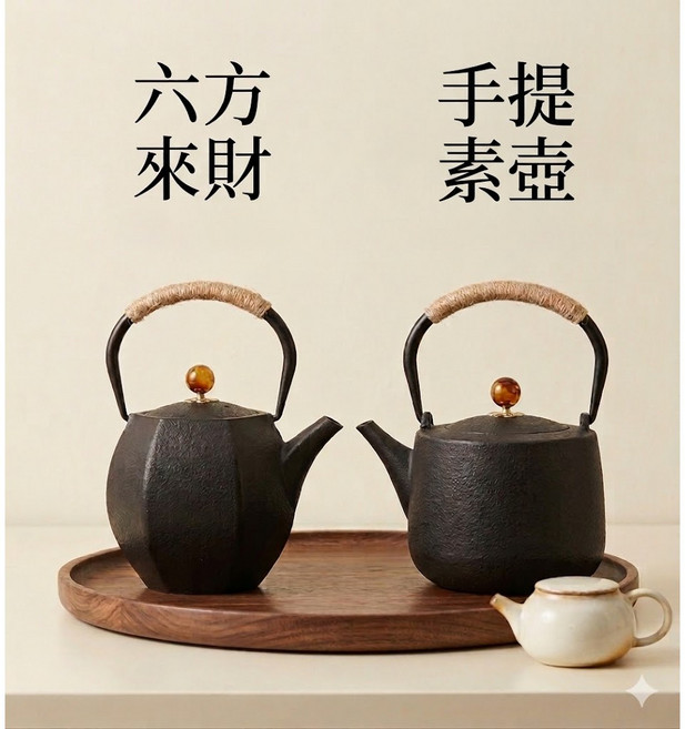 鑄鐵壺 1.2L 日式 禪風, 1個, 六方來財款