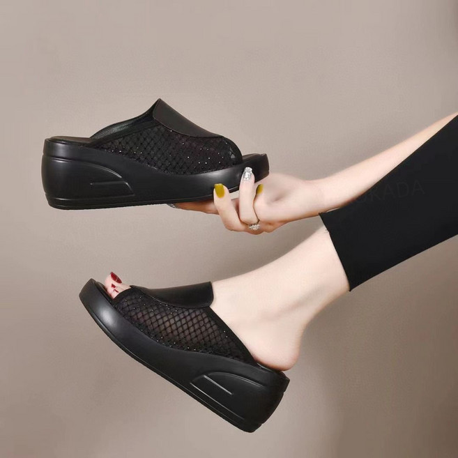 AOKADA 여성 여름 통굽 언밸 망사 통기성 키높이 웨지힐 발편한 사무실 슬리퍼5CM