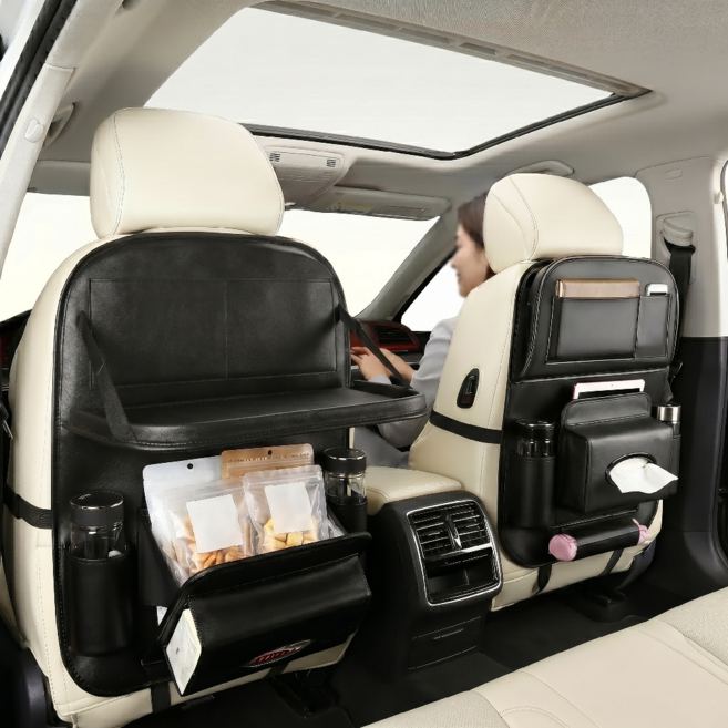 슈퍼인 가죽 자동차 테이블 차량용 폴딩 시트백 트레이 다용도 차량수납, 블랙, 1개
