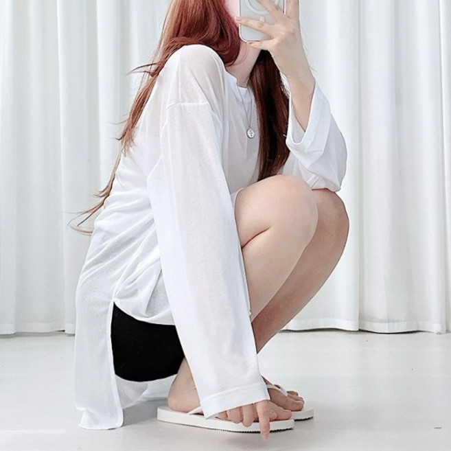 커버업 절개 시스루 롱티 비치웨어, 화이트