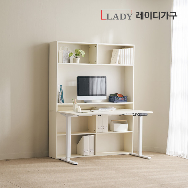 레이디가구 코튼M 오픈 책장 세트 모션데스크_일반형 1400, 책상세트_모노아이보리