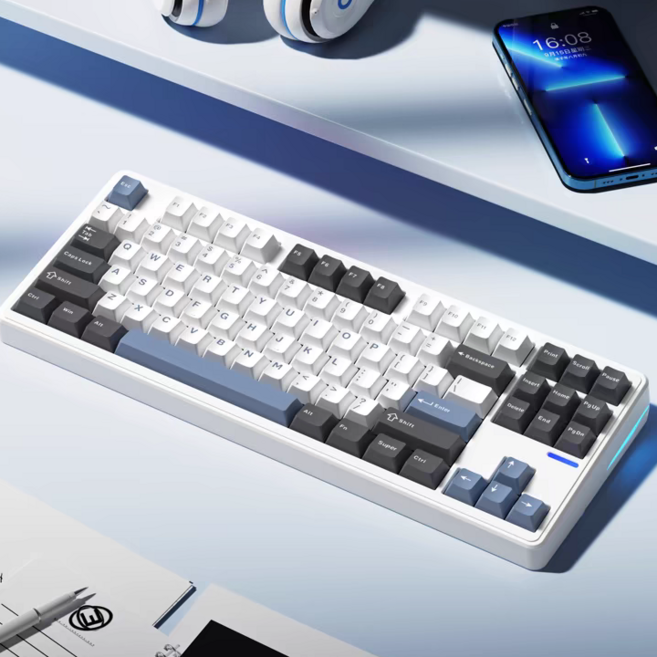 Riccks RS8 기계식 키보드 87키 RGB 무선 블루투스 3모드 키보드 8000mAh, 화이트-블루, 목설축